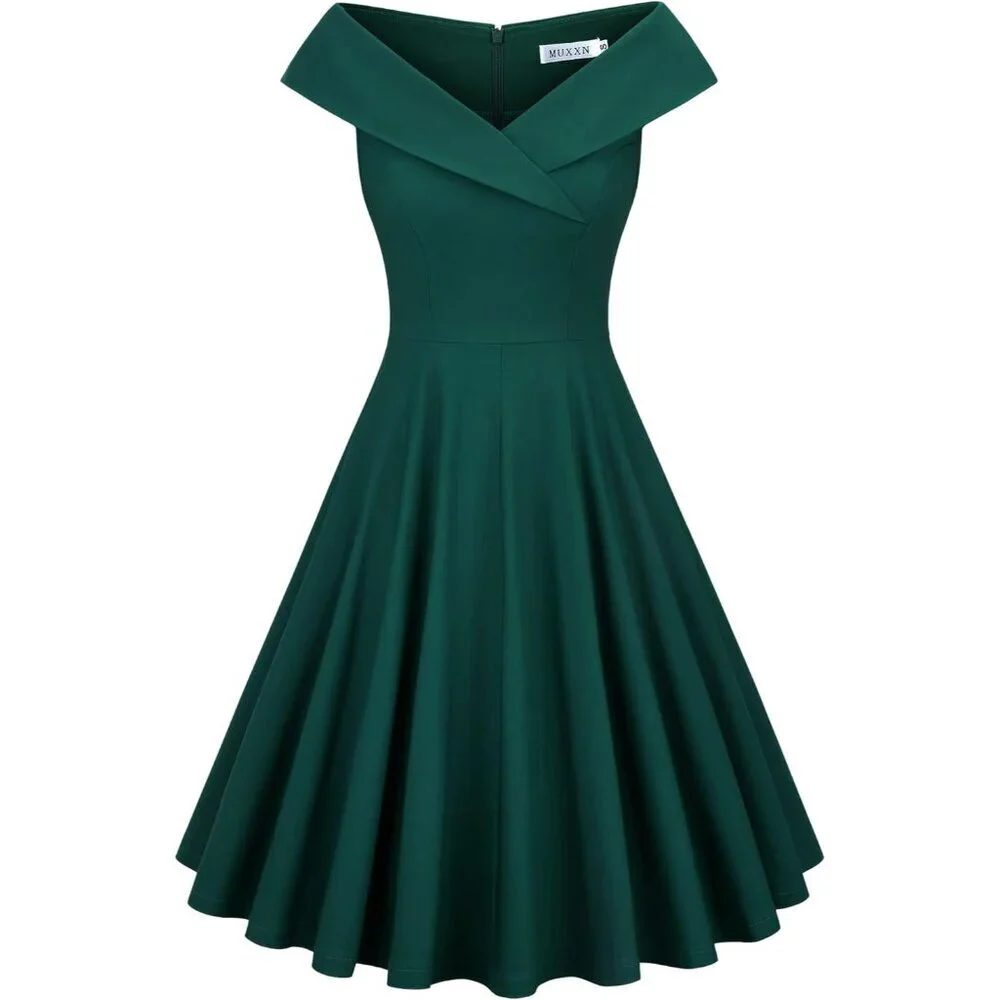 Women's Sleeveless V Neck Midi Swing Dress Vintage 1950s Retro Style